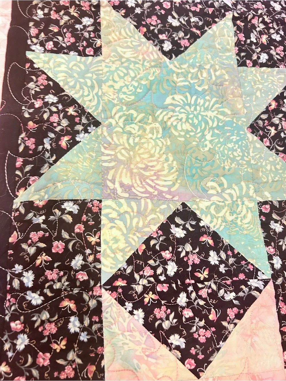 Handmade Ohio Star Quilt Pastel Batik Floral Throw Blanket Pink cottagecore blk